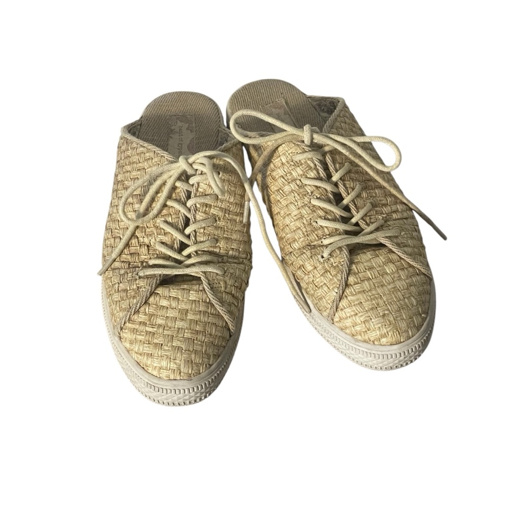 Band Of Gypsies Coast Raffia Woven Beige Lace Up Slip On Sneaker Mules Sz 8